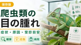 爬虫類の目の腫れ・眼瞼炎・目やに完全ガイド｜原因・症状・応急処置と動物病院受診の判断の要点を伝えるカメレオン・爬虫類記事アイキャッチ画像