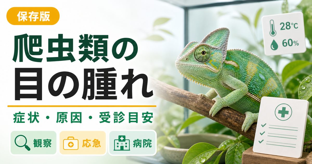 爬虫類の目の腫れ・眼瞼炎・目やに完全ガイド｜原因・症状・応急処置と動物病院受診の判断の要点を伝えるカメレオン・爬虫類記事アイキャッチ画像