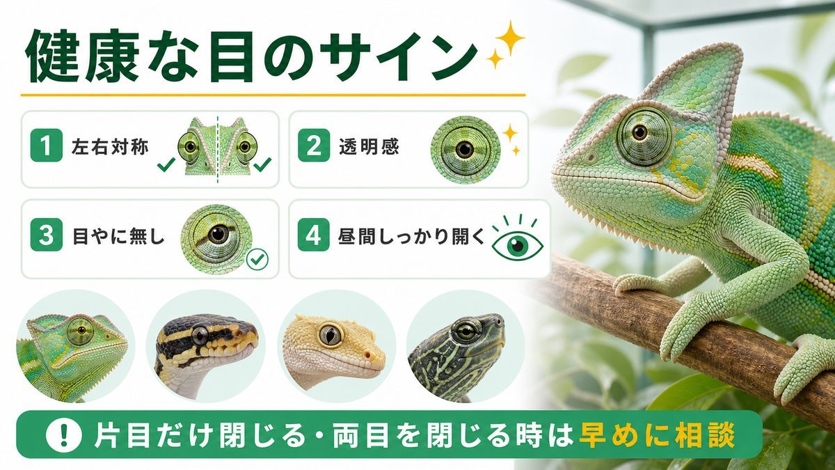 爬虫類の目の構造と健康なサインの要点をまとめたカメレオン・爬虫類飼育インフォグラフィック