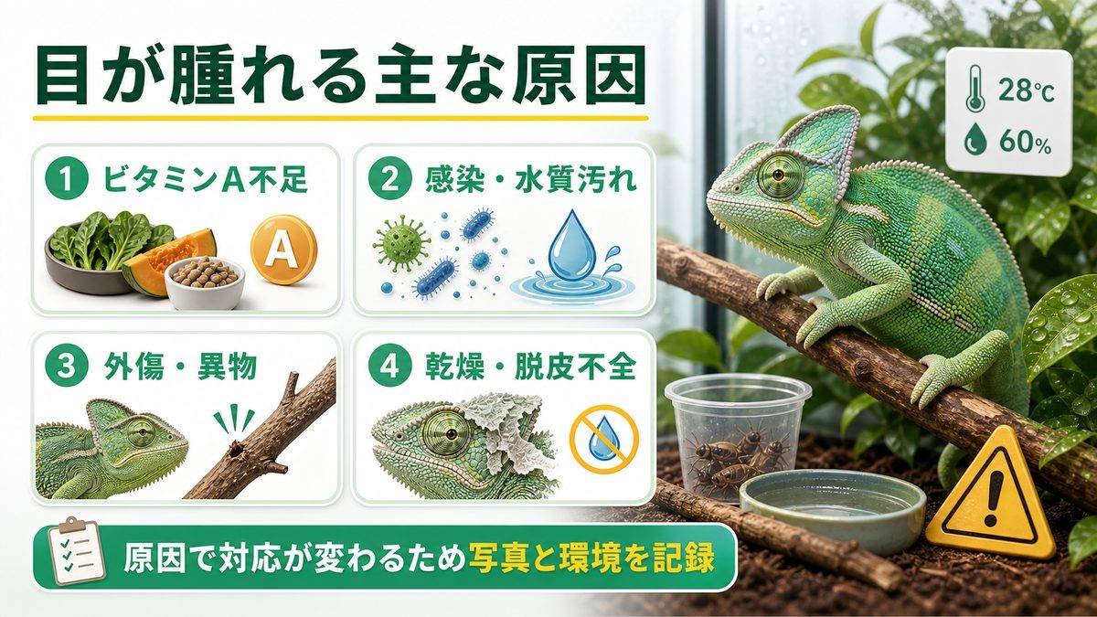 主な原因とその見分け方の要点をまとめたカメレオン・爬虫類飼育インフォグラフィック