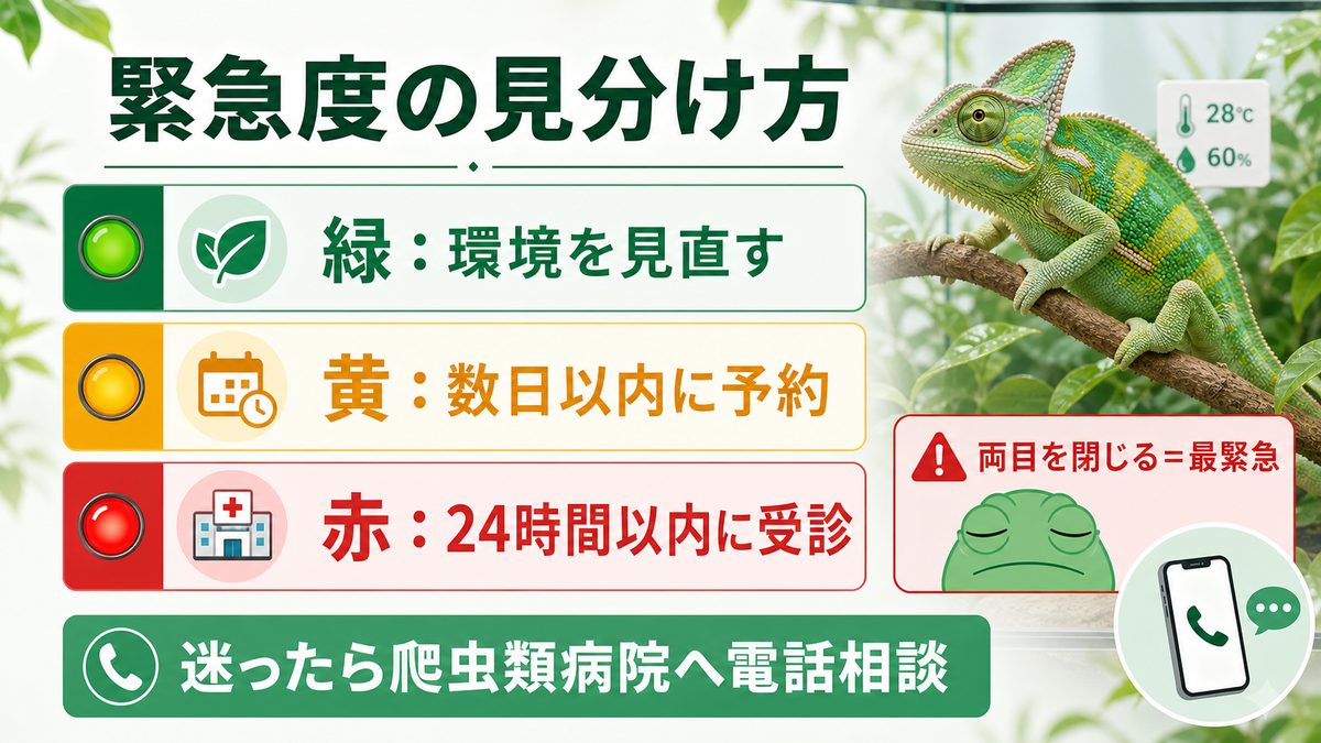 症状別の緊急度判断の要点をまとめたカメレオン・爬虫類飼育インフォグラフィック