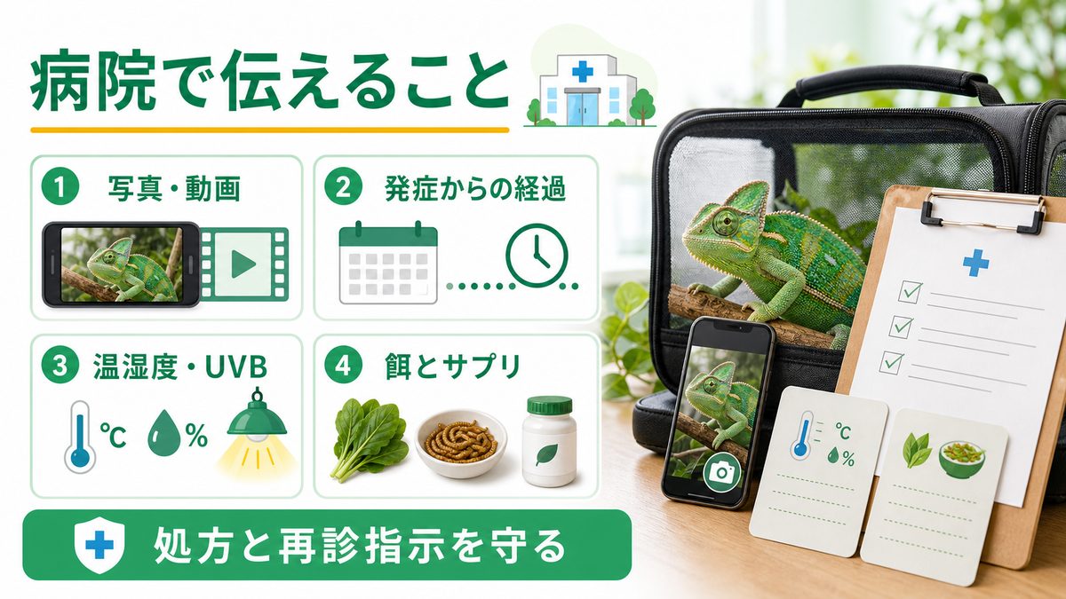動物病院での診断・治療の要点をまとめたカメレオン・爬虫類飼育インフォグラフィック