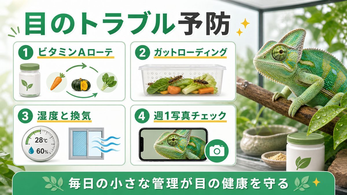 予防策〜環境とサプリで守るの要点をまとめたカメレオン・爬虫類飼育インフォグラフィック