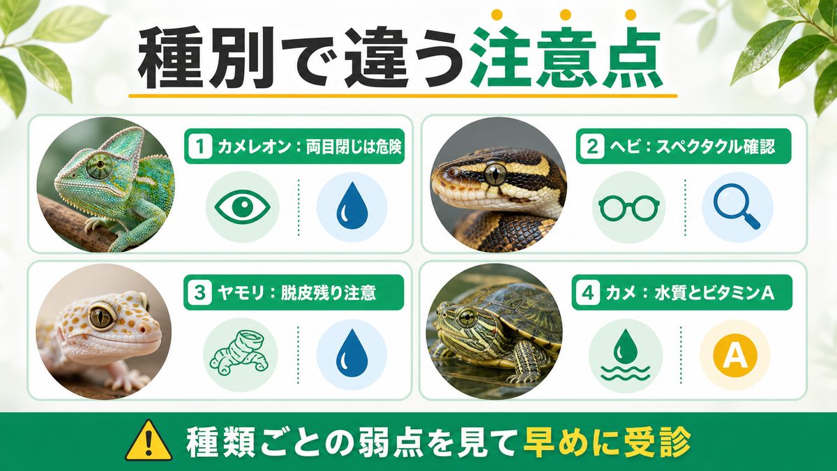 種別の注意点の要点をまとめたカメレオン・爬虫類飼育インフォグラフィック