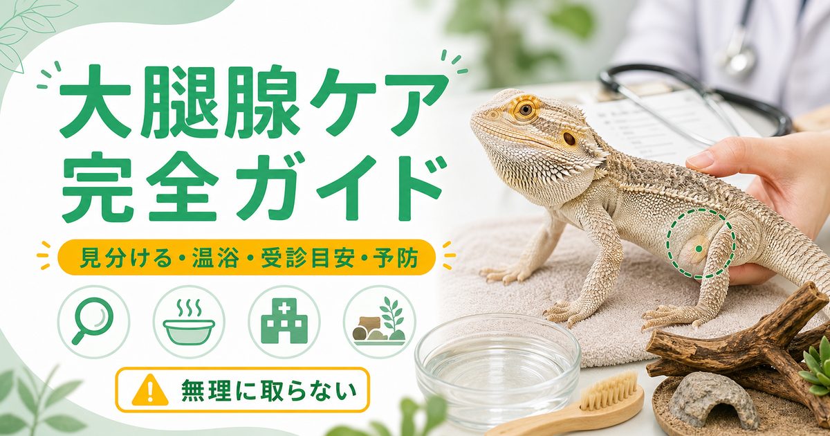爬虫類の大腿腺（フェモラルポア）詰まり完全ガイド｜原因・安全な温浴ケア・受診の目安・予防を徹底解説の要点を伝えるカメレオン・爬虫類記事アイキャッチ画像