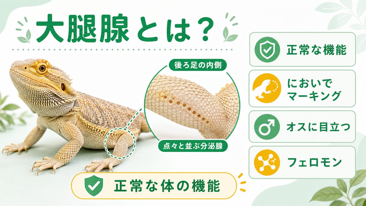 大腿腺（フェモラルポア）とはの要点をまとめたカメレオン・爬虫類飼育インフォグラフィック