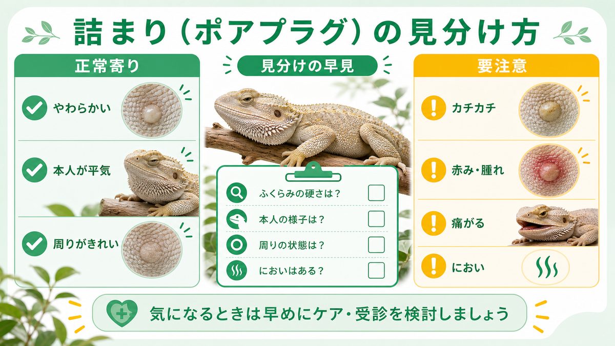 詰まり（ポアプラグ）の見分け方の要点をまとめたカメレオン・爬虫類飼育インフォグラフィック