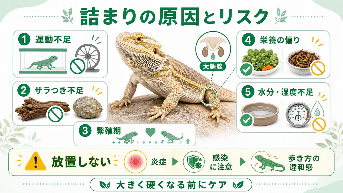 詰まりの原因とリスクの要点をまとめたカメレオン・爬虫類飼育インフォグラフィック