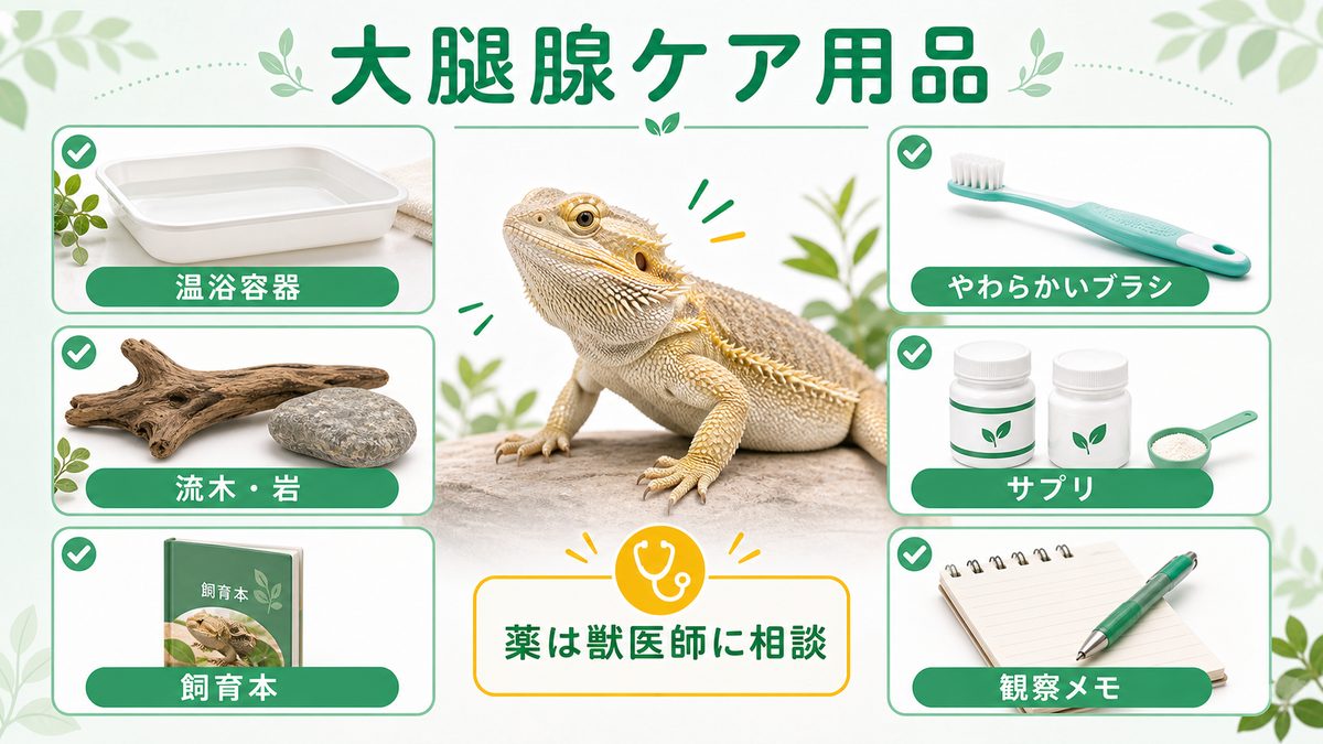 大腿腺ケアにあると便利なアイテムの要点をまとめたカメレオン・爬虫類飼育インフォグラフィック