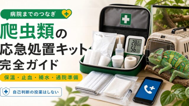 爬虫類の応急処置キット・救急セット完全ガイド｜緊急時に備える常備品と使い方を徹底解説の要点を伝えるカメレオン・爬虫類記事アイキャッチ画像