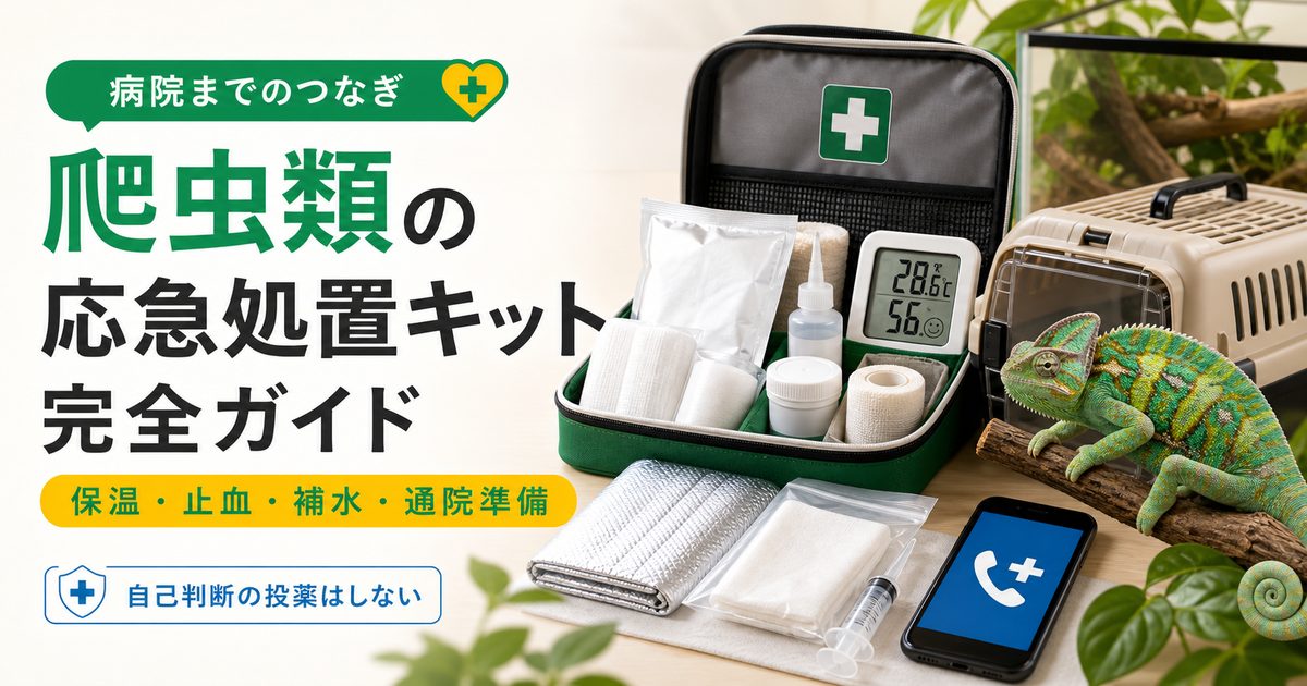 爬虫類の応急処置キット・救急セット完全ガイド｜緊急時に備える常備品と使い方を徹底解説の要点を伝えるカメレオン・爬虫類記事アイキャッチ画像