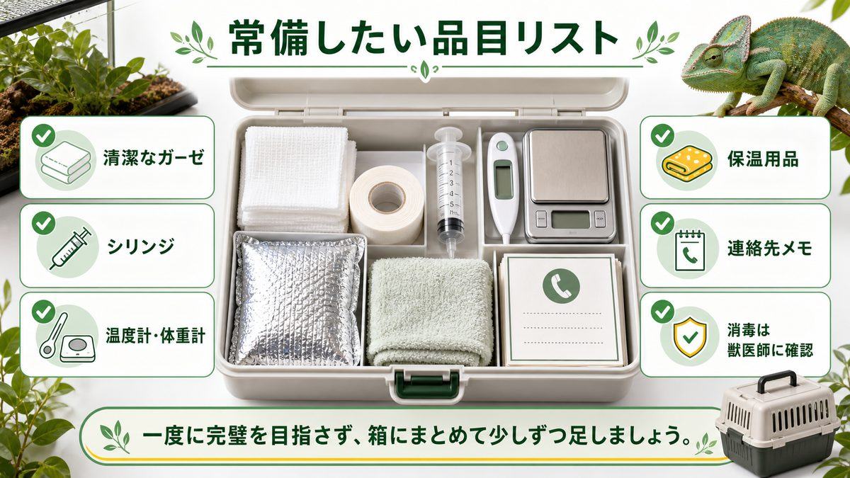 常備したい品目リストの要点をまとめたカメレオン・爬虫類飼育インフォグラフィック