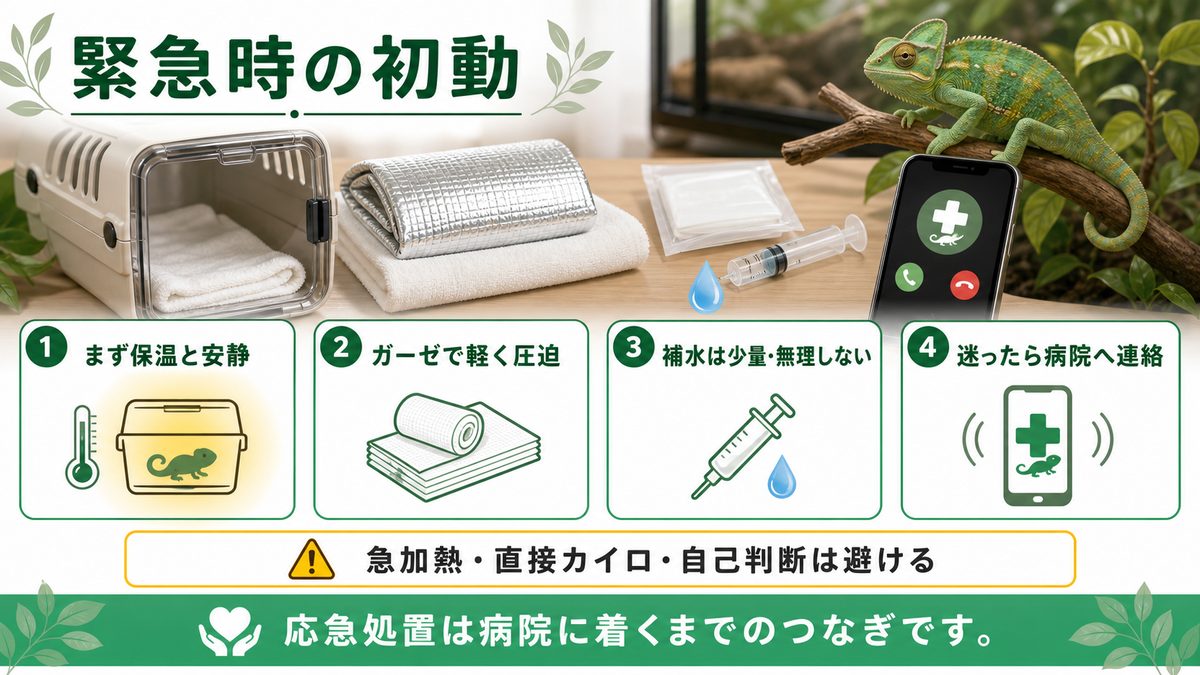 緊急時の初動（保温・止血・補水）の要点をまとめたカメレオン・爬虫類飼育インフォグラフィック