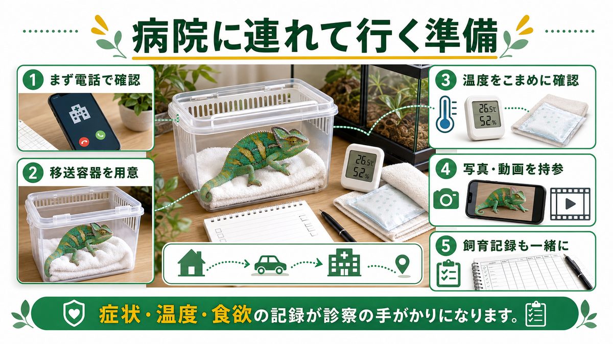 病院に連れて行く準備の要点をまとめたカメレオン・爬虫類飼育インフォグラフィック