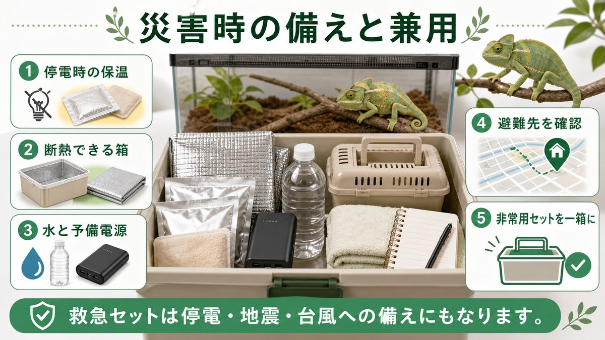 災害時の備えと兼用の要点をまとめたカメレオン・爬虫類飼育インフォグラフィック