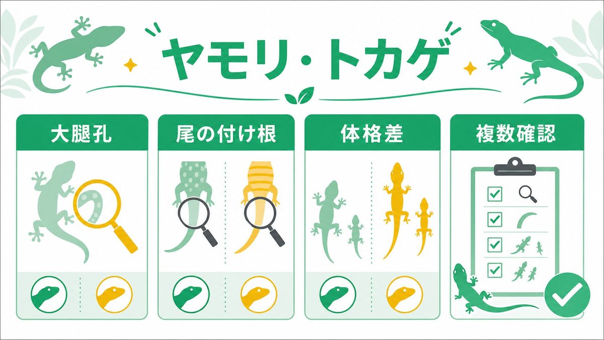 ヤモリ・トカゲの性別判定：大腿孔・前肛孔・半陰茎バルジで見極めるの要点をまとめたカメレオン・爬虫類飼育インフォグラフィック