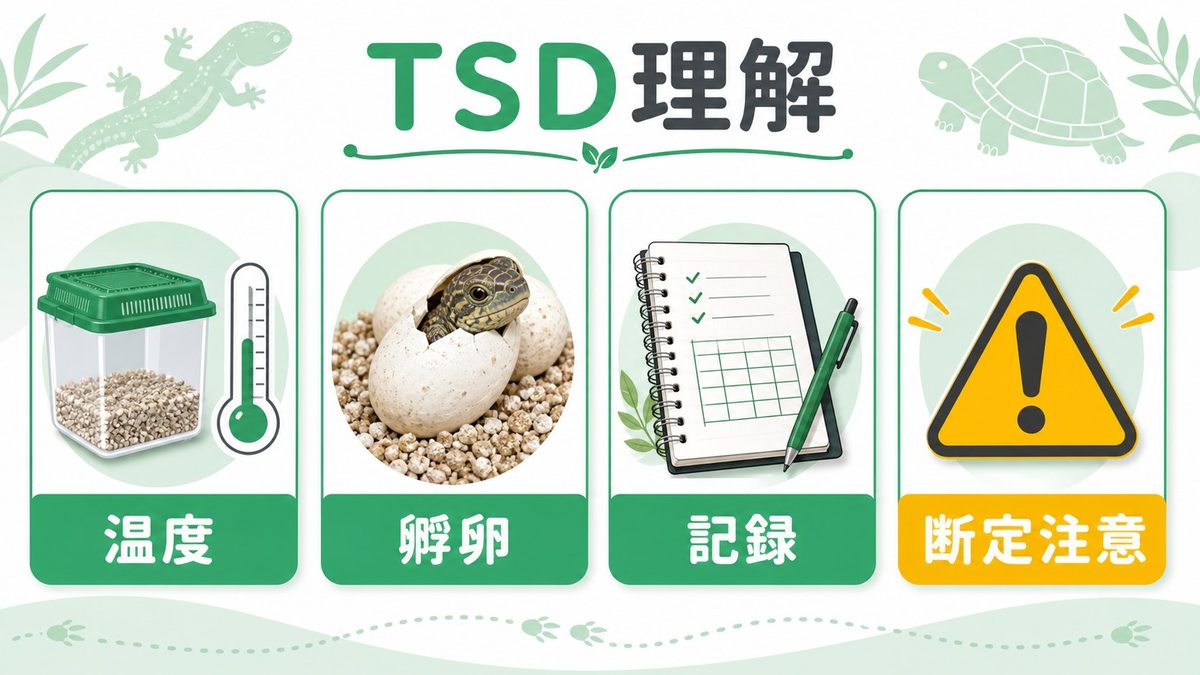 温度依存性性決定（TSD）の活用：孵化温度で性別比率をコントロールするの要点をまとめたカメレオン・爬虫類飼育インフォグラフィック