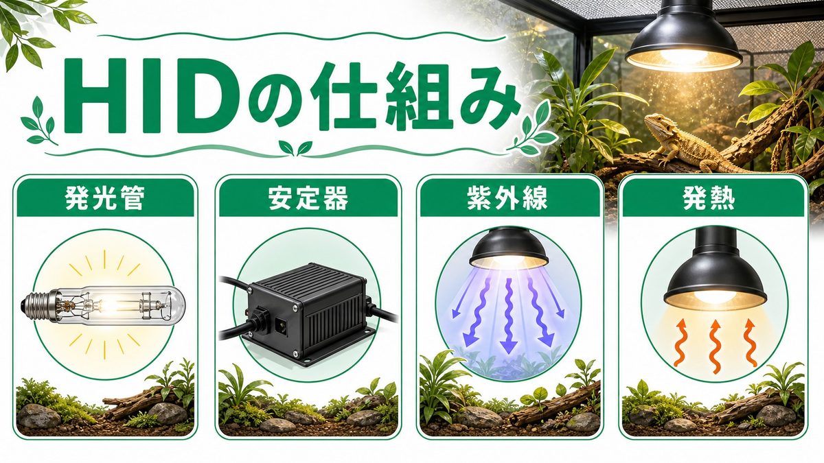 HIDランプとは何か？水銀灯・メタハラ・ソーラーゲイザーの仕組みを理解するの要点をまとめたカメレオン・爬虫類飼育インフォグラフィック