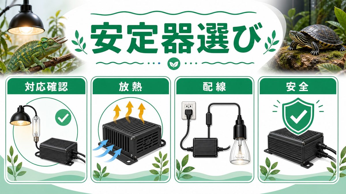 安定器（バラスト）の選び方｜電子式vs磁気式・ワット数対応・安全上の注意の要点をまとめたカメレオン・爬虫類飼育インフォグラフィック