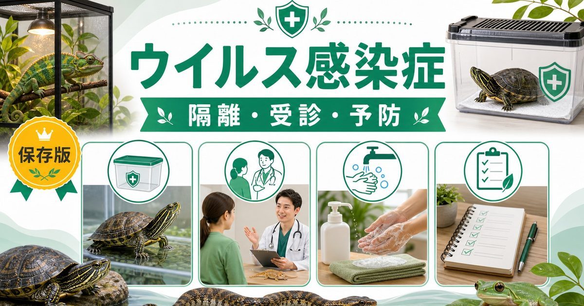 爬虫類のイリドウイルス・ラナウイルス感染症完全ガイド｜症状・感染経路・診断・治療・予防策を徹底解説の要点を伝えるカメレオン・爬虫類記事アイキャッチ画像