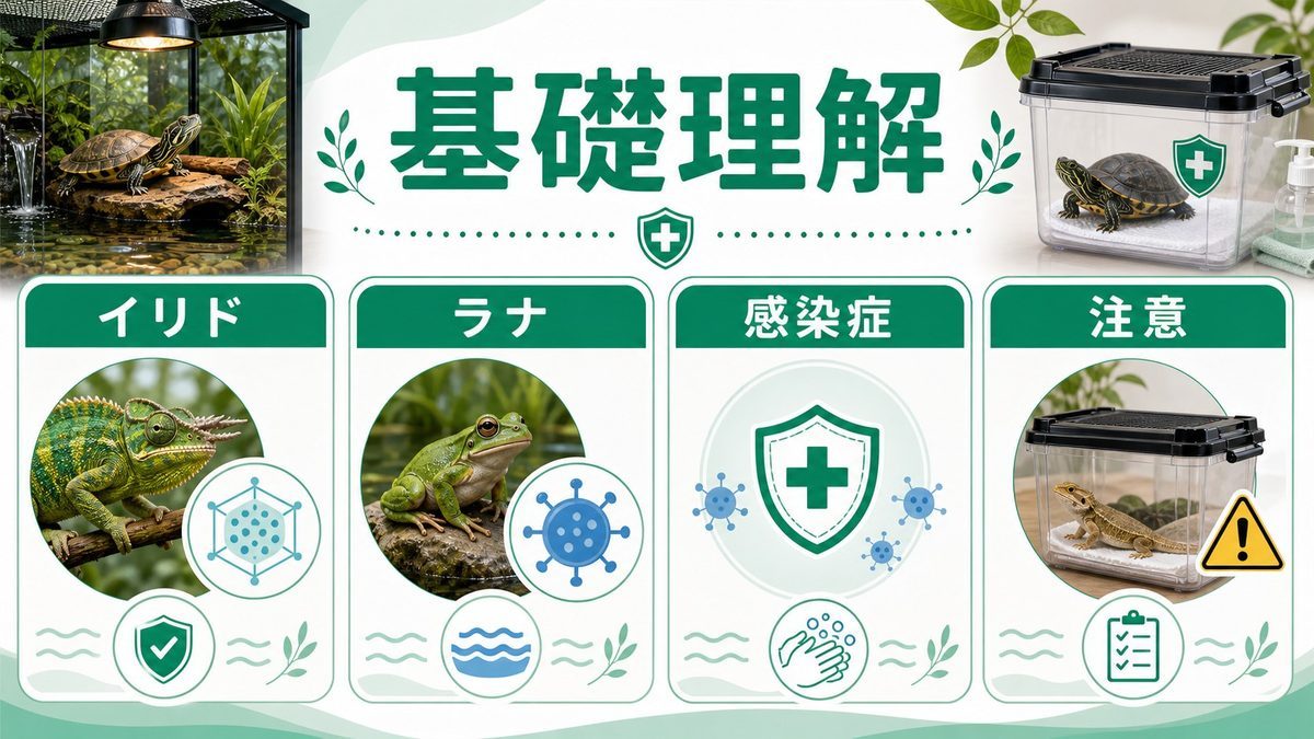 イリドウイルス・ラナウイルスとは何かの要点をまとめたカメレオン・爬虫類飼育インフォグラフィック