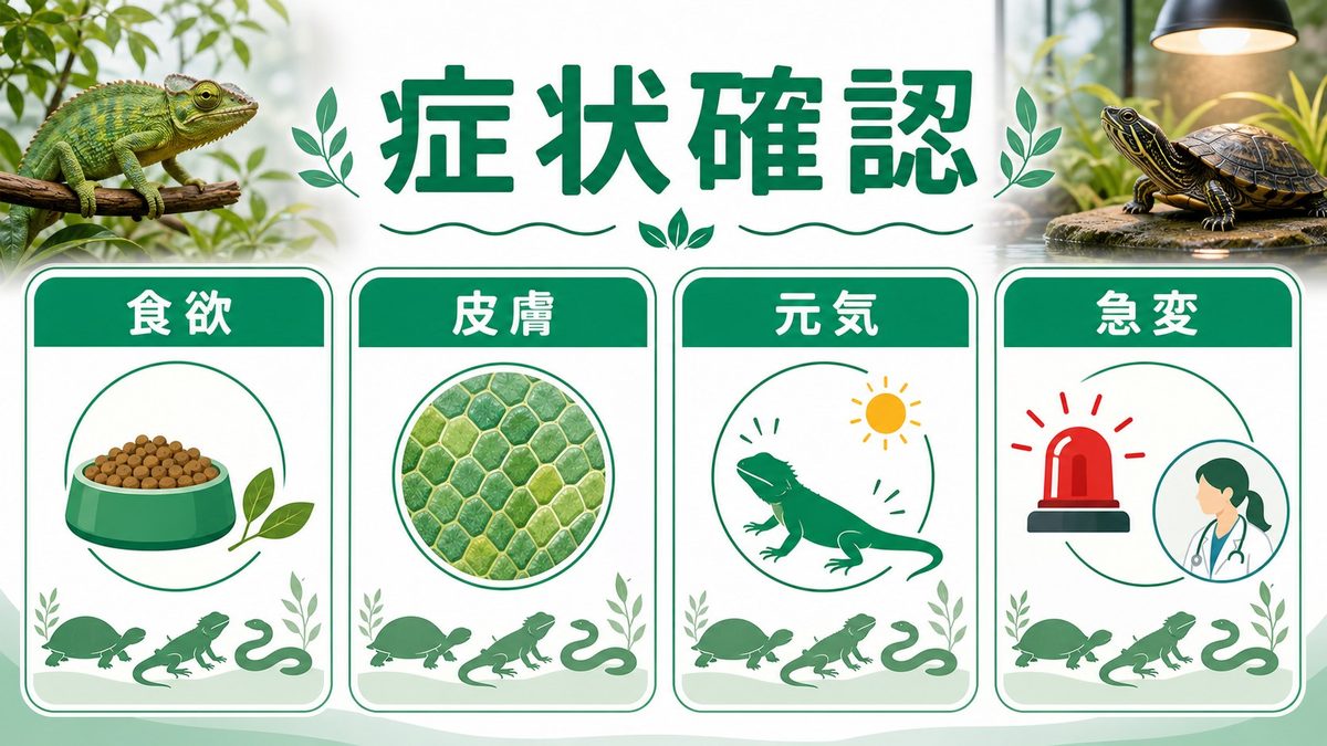症状の段階別チェックリストの要点をまとめたカメレオン・爬虫類飼育インフォグラフィック