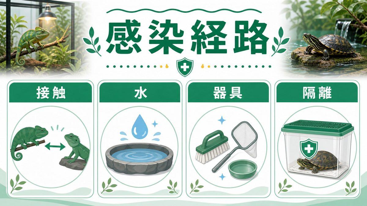 感染経路と拡散リスクの要点をまとめたカメレオン・爬虫類飼育インフォグラフィック