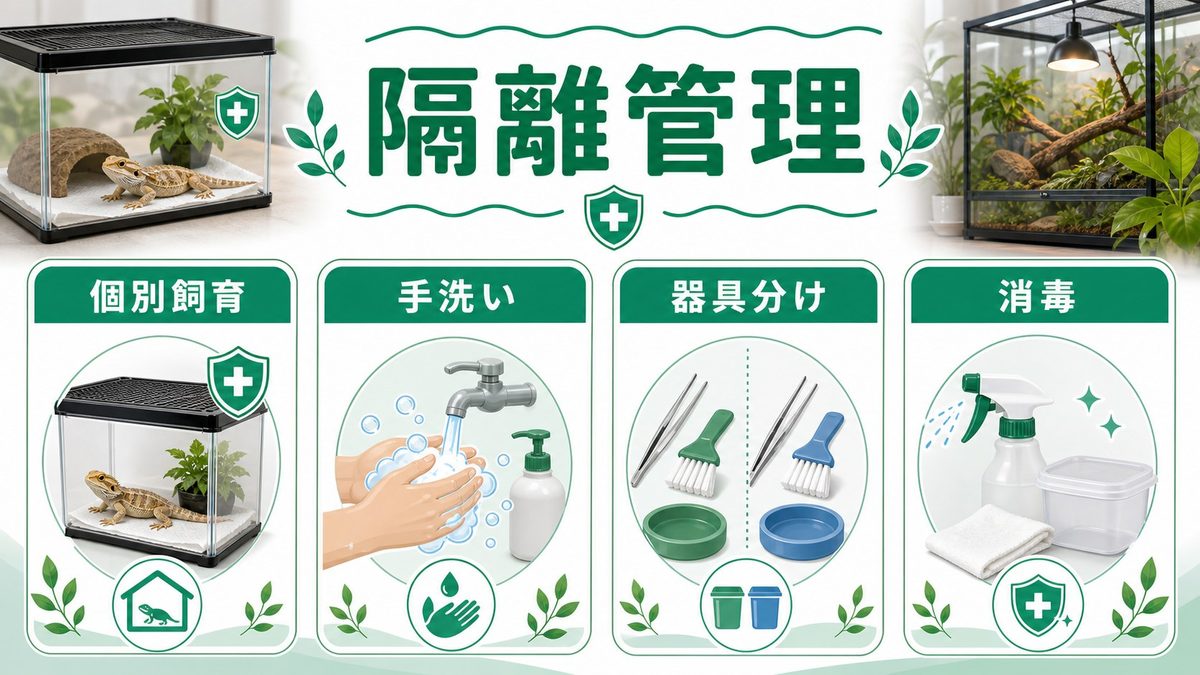 自宅での隔離・感染拡大防止の要点をまとめたカメレオン・爬虫類飼育インフォグラフィック