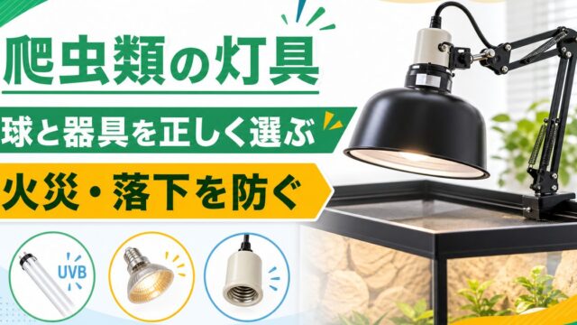 爬虫類のランプフード・反射板・ソケット完全ガイド｜クランプライト・陶器ソケット・アームスタンドの選び方と設置を徹底解説の要点を伝えるカメレオン・爬虫類記事アイキャッチ画像