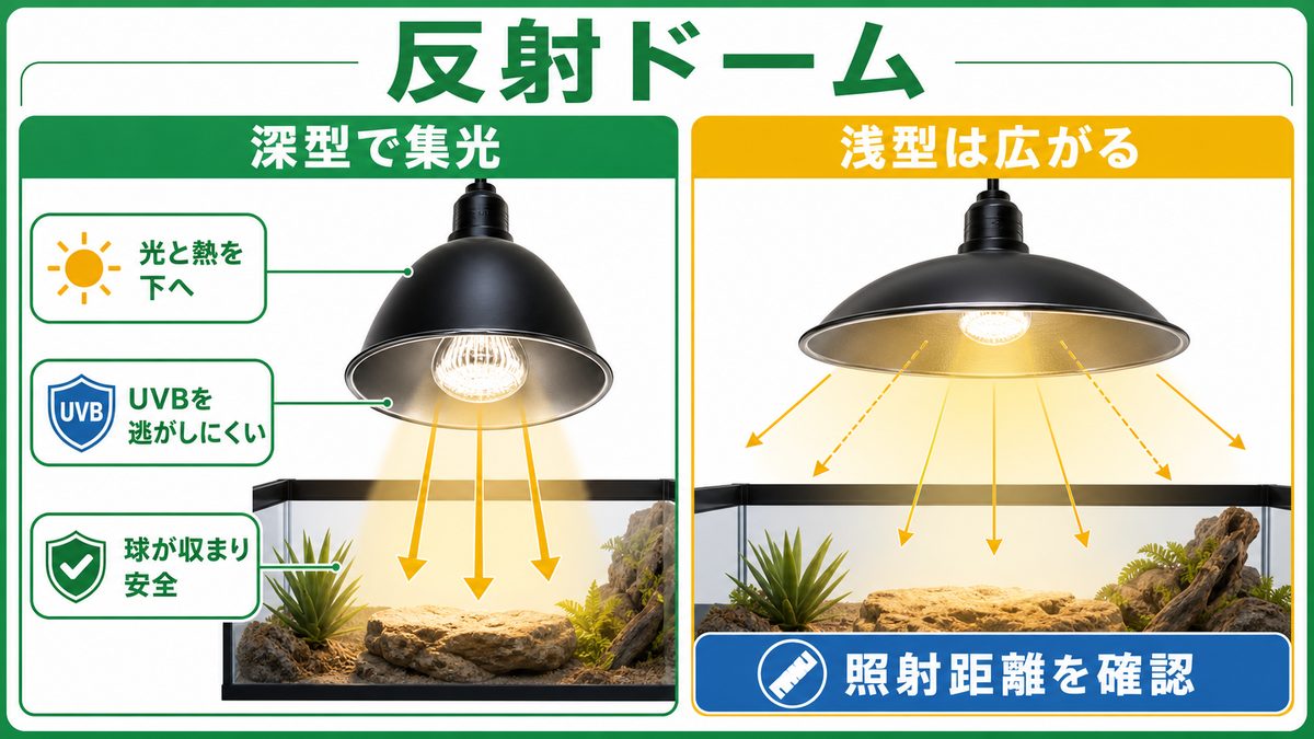 反射ドーム（ランプフード）の深さと集光の要点をまとめたカメレオン・爬虫類飼育インフォグラフィック