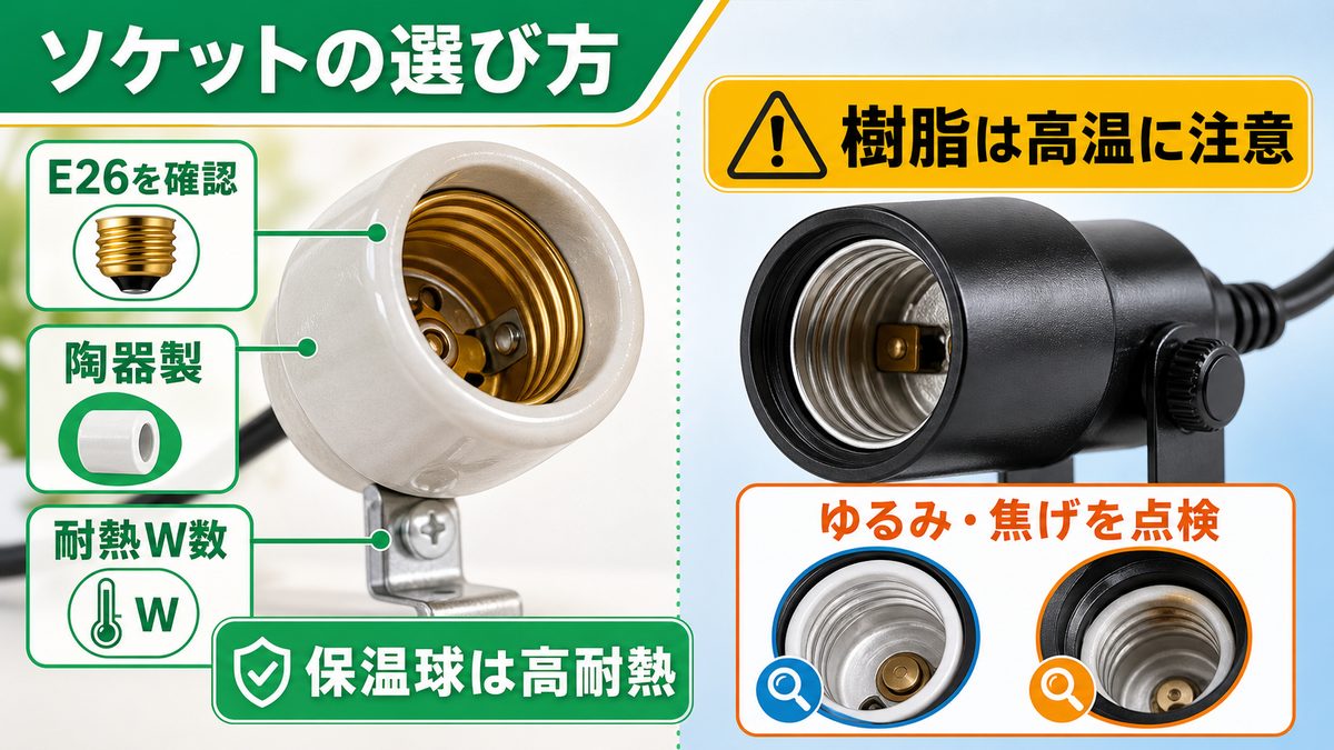 ソケット（E26陶器・耐熱）の選び方の要点をまとめたカメレオン・爬虫類飼育インフォグラフィック