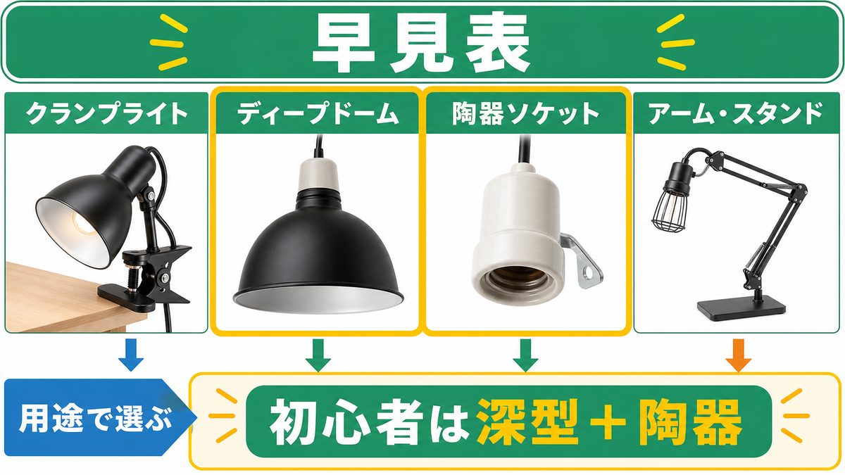 灯具の選び方まとめ（製品タイプ早見表）の要点をまとめたカメレオン・爬虫類飼育インフォグラフィック