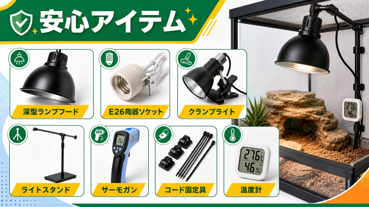 灯具まわりにあると安心なアイテム（Amazonまとめ）の要点をまとめたカメレオン・爬虫類飼育インフォグラフィック