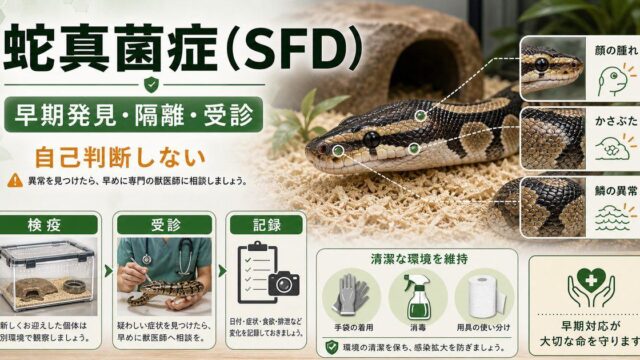 ヘビの蛇真菌症（オフィディオマイセス・SFD）完全ガイド｜顔の腫れ・かさぶた・鱗の異常の症状・治療・予防の要点を伝えるカメレオン・爬虫類記事アイキャッチ画像