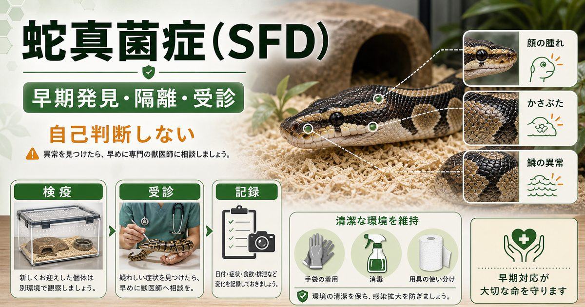 ヘビの蛇真菌症（オフィディオマイセス・SFD）完全ガイド｜顔の腫れ・かさぶた・鱗の異常の症状・治療・予防の要点を伝えるカメレオン・爬虫類記事アイキャッチ画像