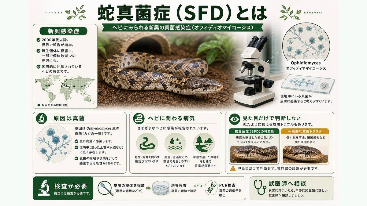 蛇真菌症(SFD)とは(新興感染症)の要点をまとめたカメレオン・爬虫類飼育インフォグラフィック