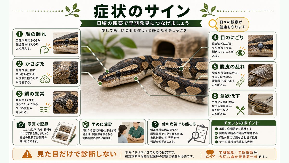 症状(顔の腫れ・かさぶた・鱗異常)の要点をまとめたカメレオン・爬虫類飼育インフォグラフィック