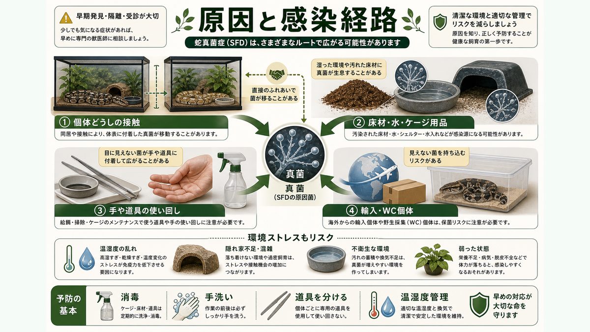 原因と感染経路の要点をまとめたカメレオン・爬虫類飼育インフォグラフィック