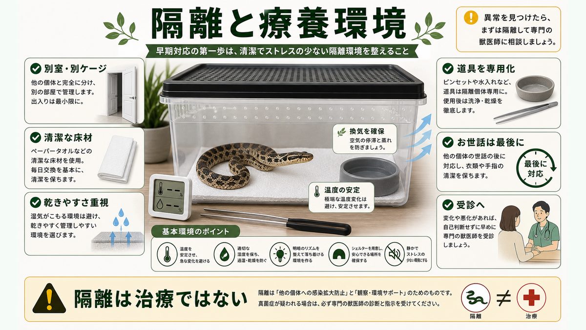 隔離と療養環境の要点をまとめたカメレオン・爬虫類飼育インフォグラフィック