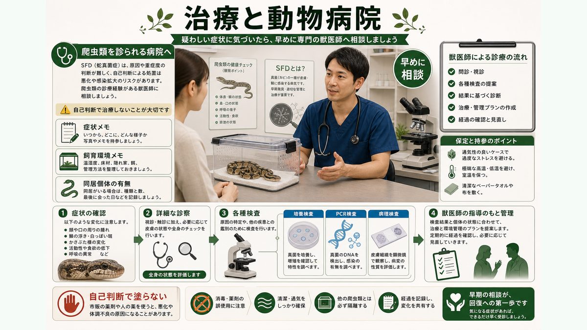 治療と動物病院の要点をまとめたカメレオン・爬虫類飼育インフォグラフィック