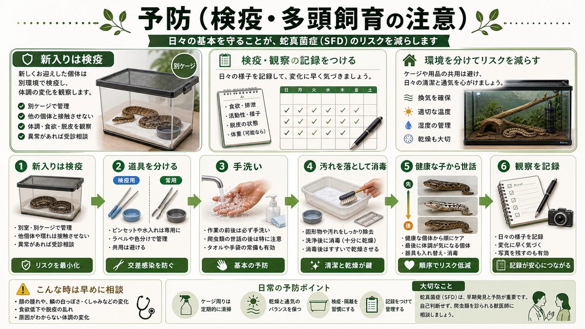 予防(検疫・多頭飼育の注意)の要点をまとめたカメレオン・爬虫類飼育インフォグラフィック