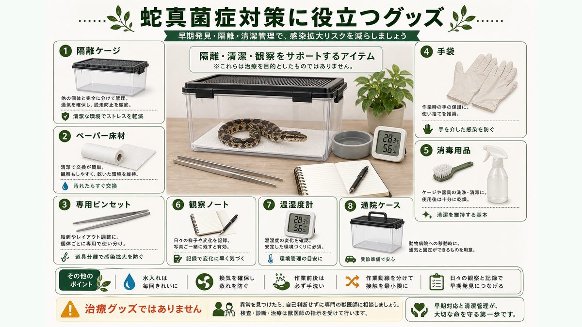蛇真菌症対策に役立つグッズの要点をまとめたカメレオン・爬虫類飼育インフォグラフィック