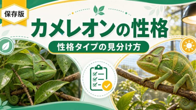 カメレオンの性格は種類と個体で違う！臆病〜大胆タイプの見分け方と飼育・ハンドリングへの活かし方ガイドの要点を伝えるカメレオン・爬虫類記事アイキャッチ画像