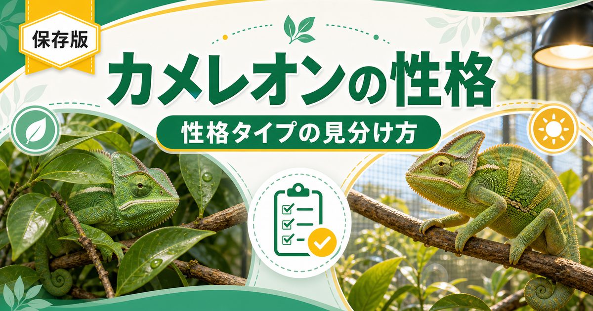 カメレオンの性格は種類と個体で違う！臆病〜大胆タイプの見分け方と飼育・ハンドリングへの活かし方ガイドの要点を伝えるカメレオン・爬虫類記事アイキャッチ画像