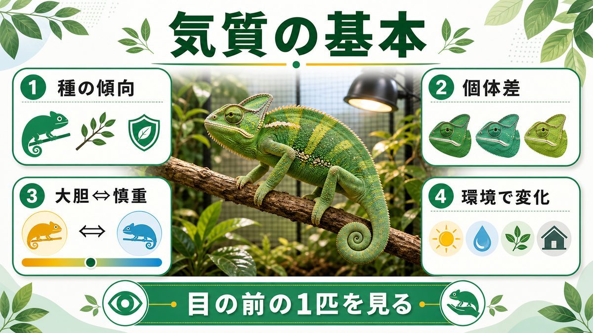 カメレオンの性格・気質とは（種差と個体差）の要点をまとめたカメレオン・爬虫類飼育インフォグラフィック