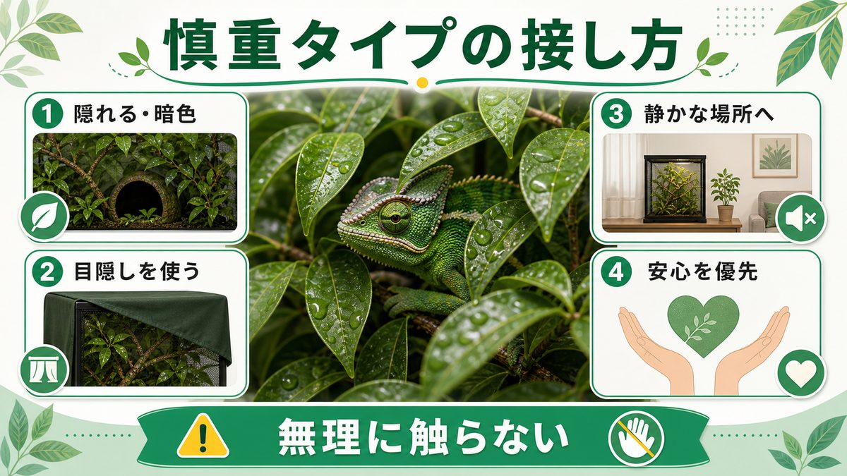 臆病タイプの特徴と接し方の要点をまとめたカメレオン・爬虫類飼育インフォグラフィック