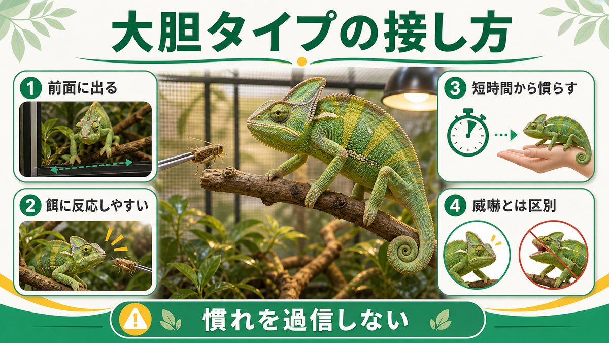 大胆タイプの特徴と接し方の要点をまとめたカメレオン・爬虫類飼育インフォグラフィック