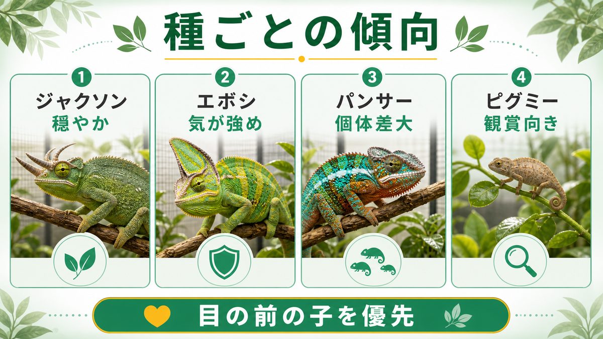 種ごとの気質傾向の要点をまとめたカメレオン・爬虫類飼育インフォグラフィック