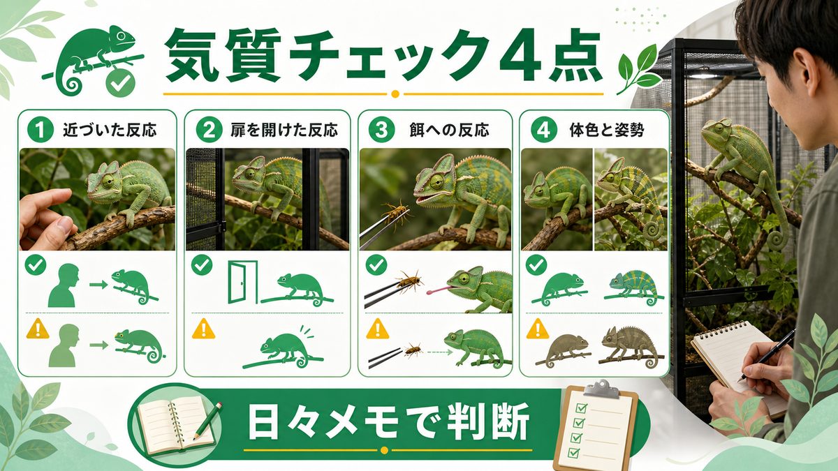個体の気質を見抜く方法の要点をまとめたカメレオン・爬虫類飼育インフォグラフィック