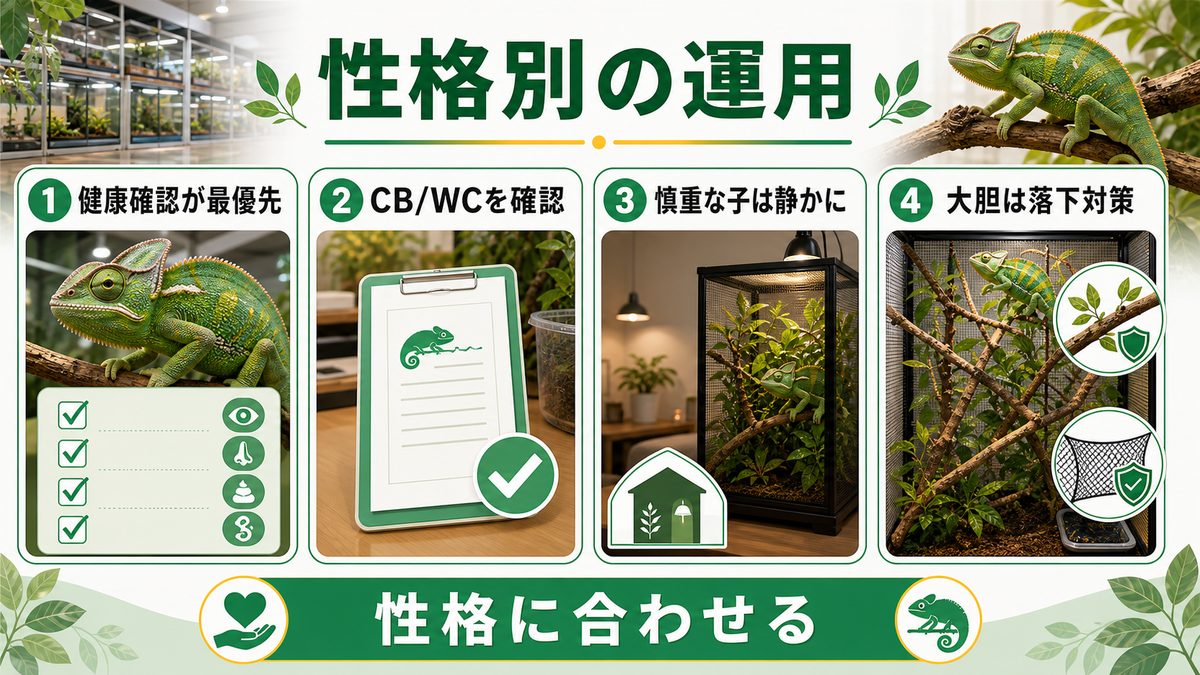 お迎え個体選びと性格別の運用の要点をまとめたカメレオン・爬虫類飼育インフォグラフィック
